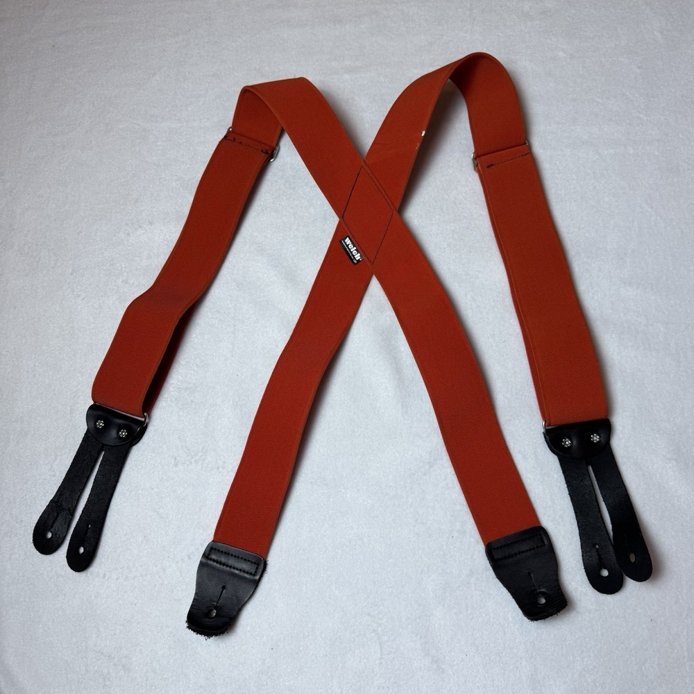 Welch Suspenders Orange Red Adjustable Leather Button Attachment Made In USA